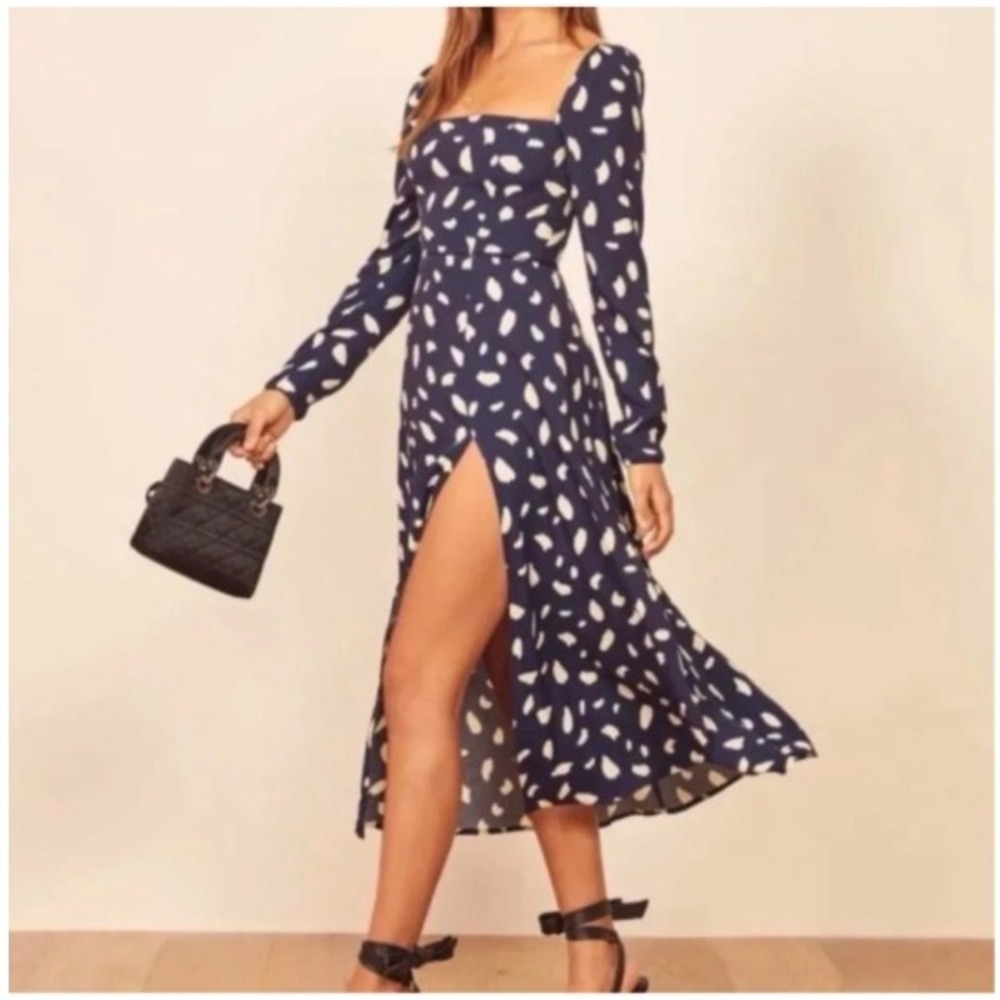 Reformation Women 8 Sigmund Midi Dress Navy Square Neck Long Sleeve Splatter